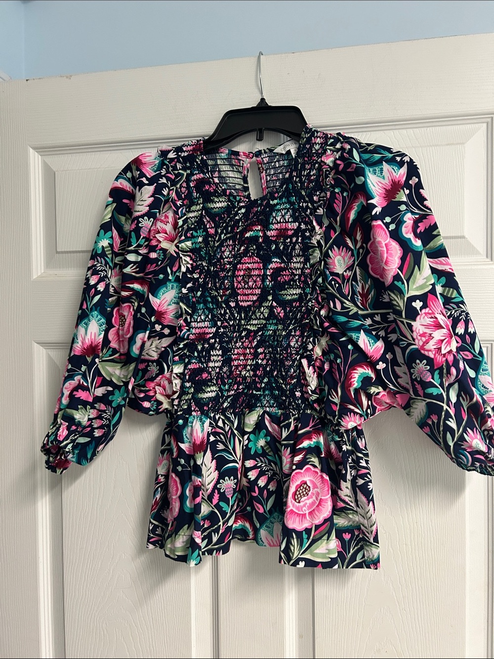 crown & ivy Navy Floral Smocked Peplum Top with Pink & Teal Accents (Worn Once)